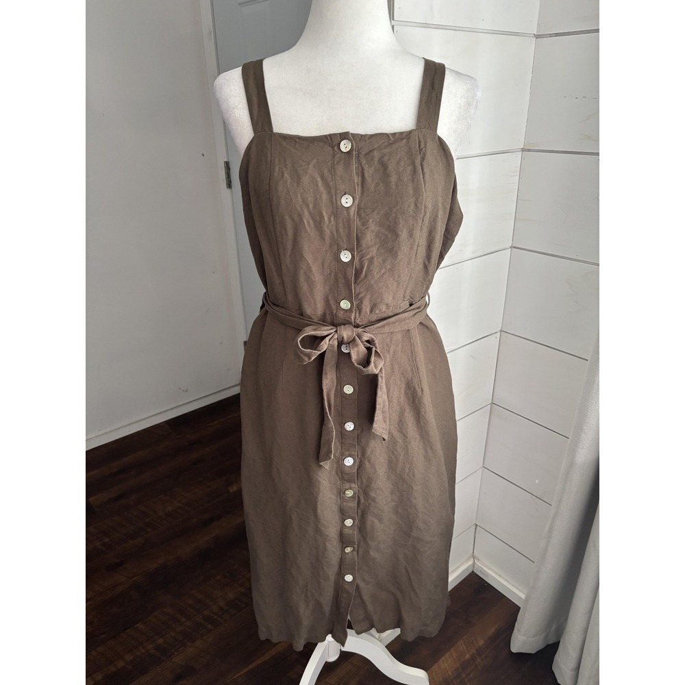 Rails Dress Womens Large Olive Green Clement Button Front Belted Midi Linen